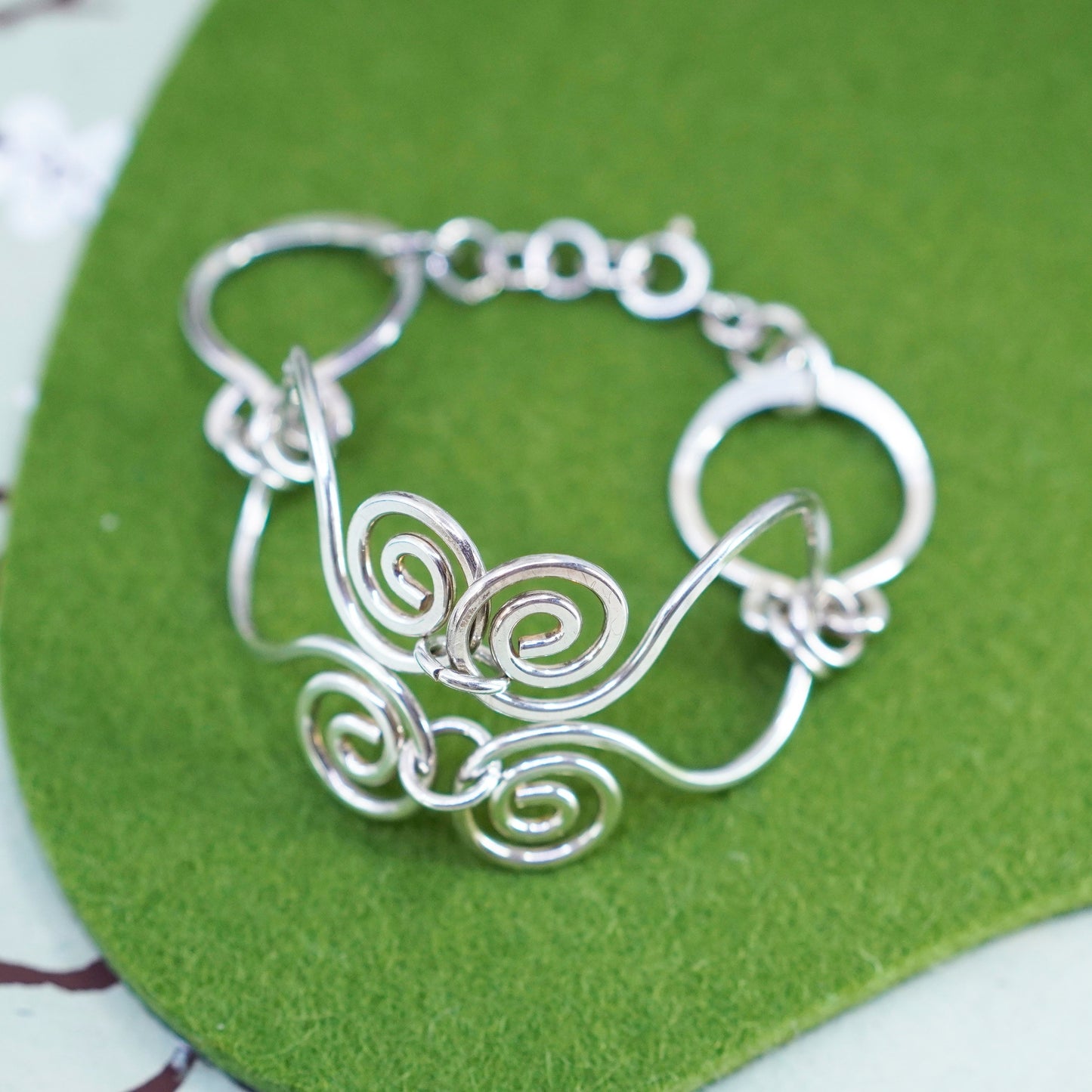 7.25”, Vintage sterling silver charm bracelet, 925 swirly chain