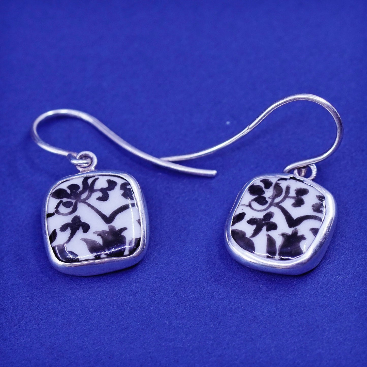 Vintage Sterling 925 silver earrings with broken porcelain China flower drops