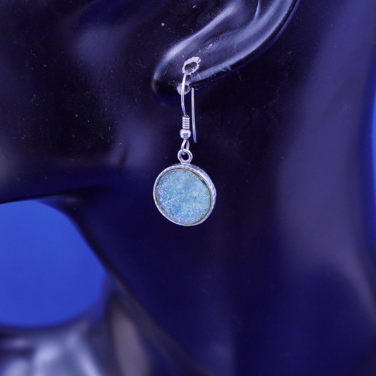 Vintage designer Sterling 925 silver handmade circle earrings with Roman glass