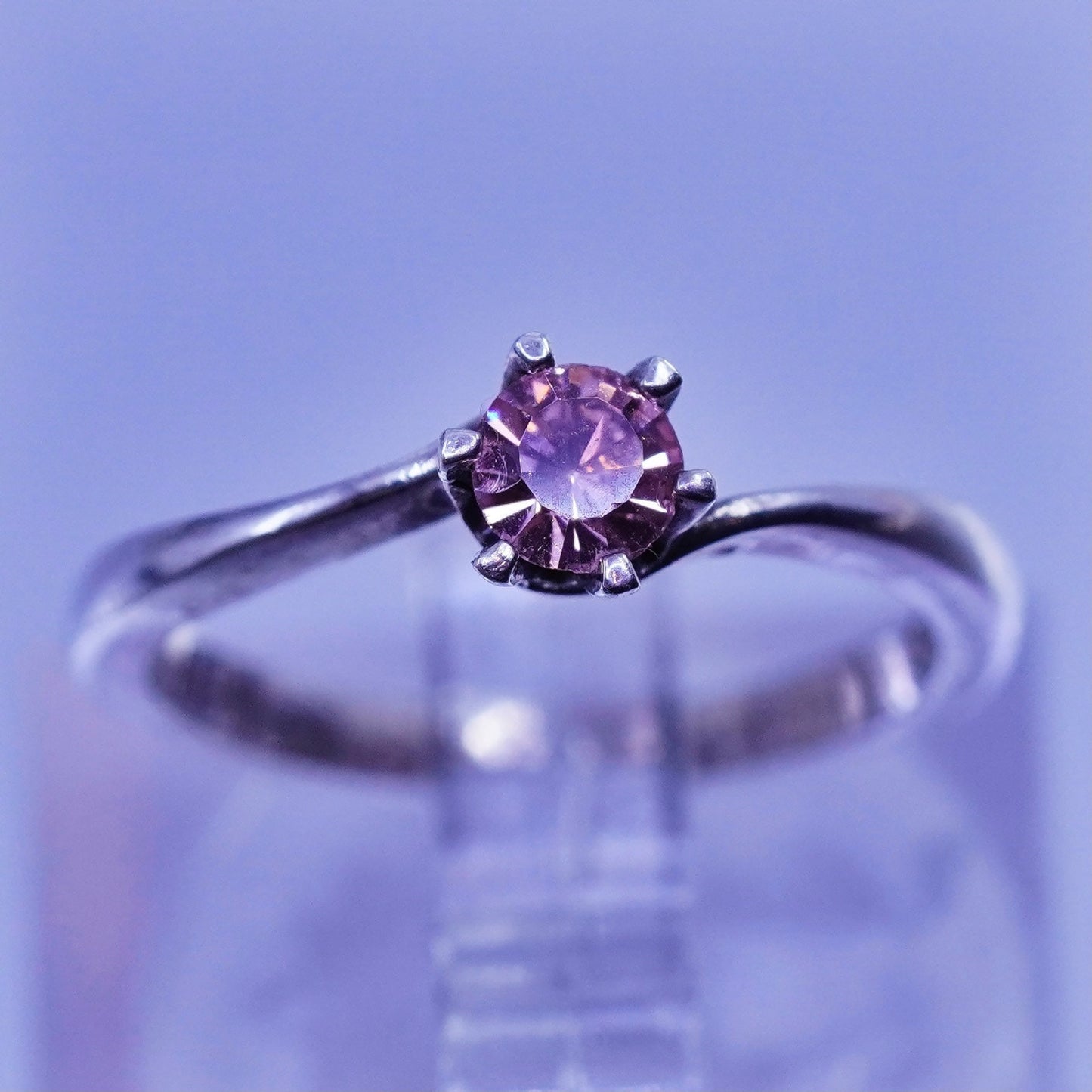 Size 3, vintage Sterling 925 silver handmade engagement ring with pink Cz