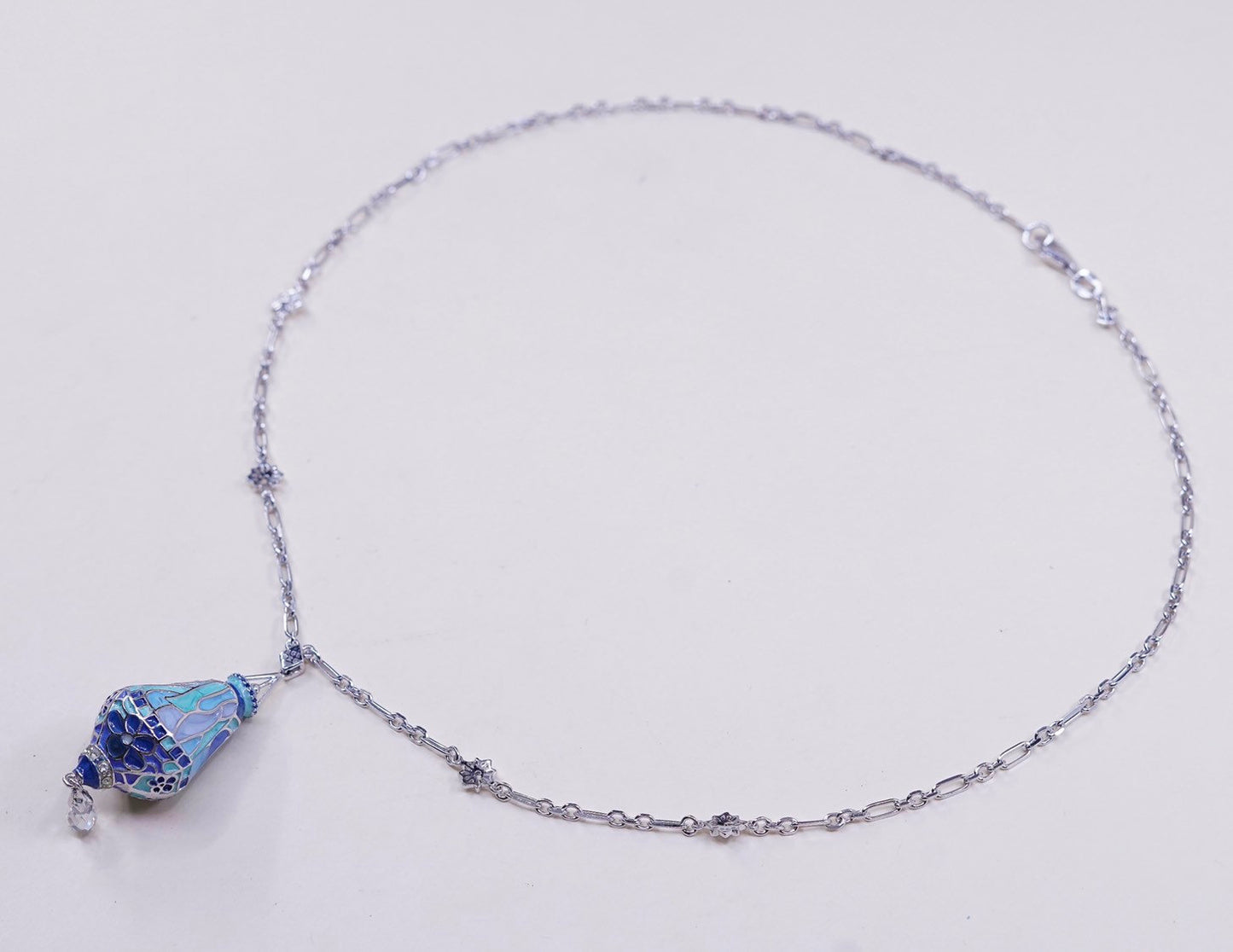 18”, BGE sterling 925 silver elongated chain necklace W teardrop enamel pendant