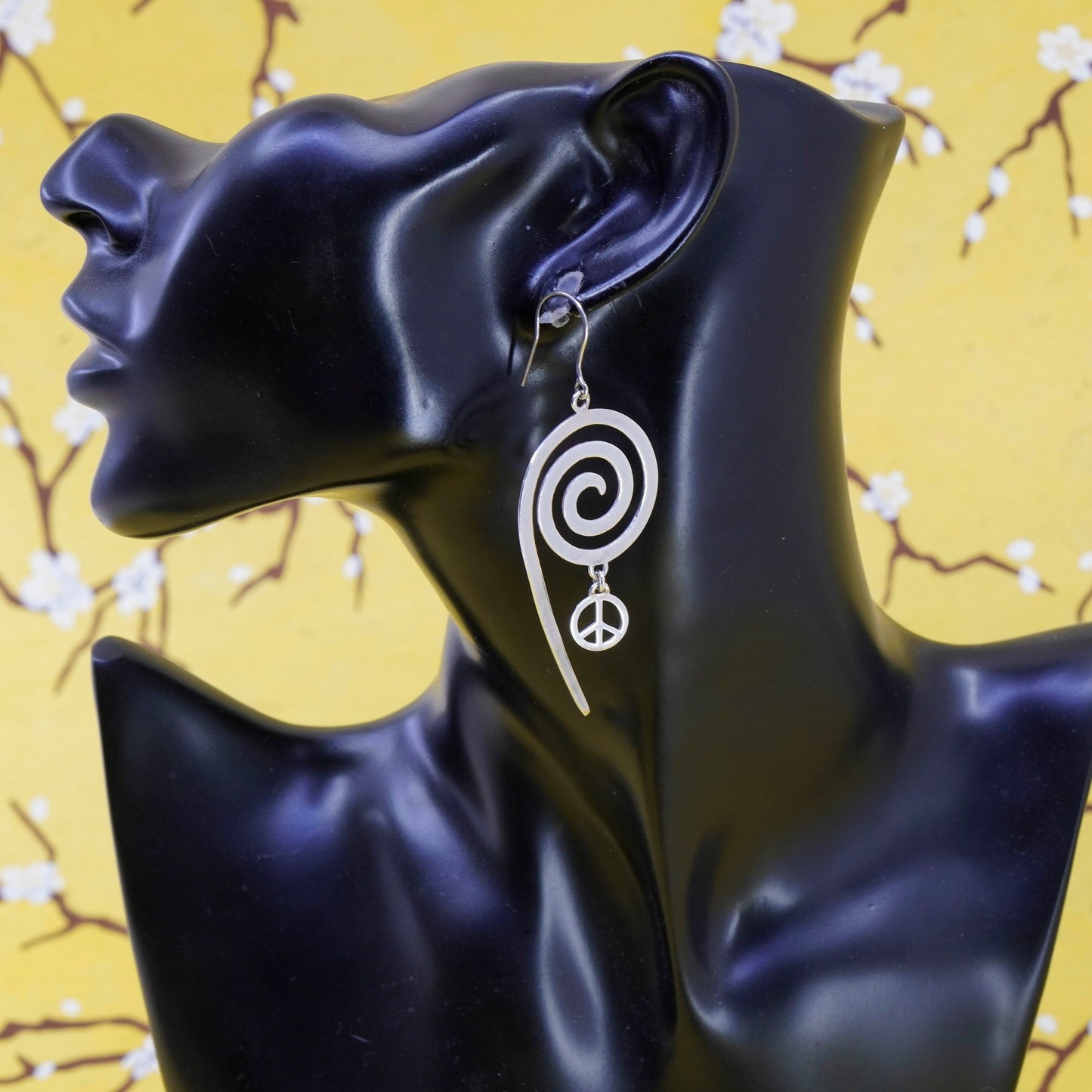 Vintage Sterling 925 silver handmade earrings with swirly peace CND charm