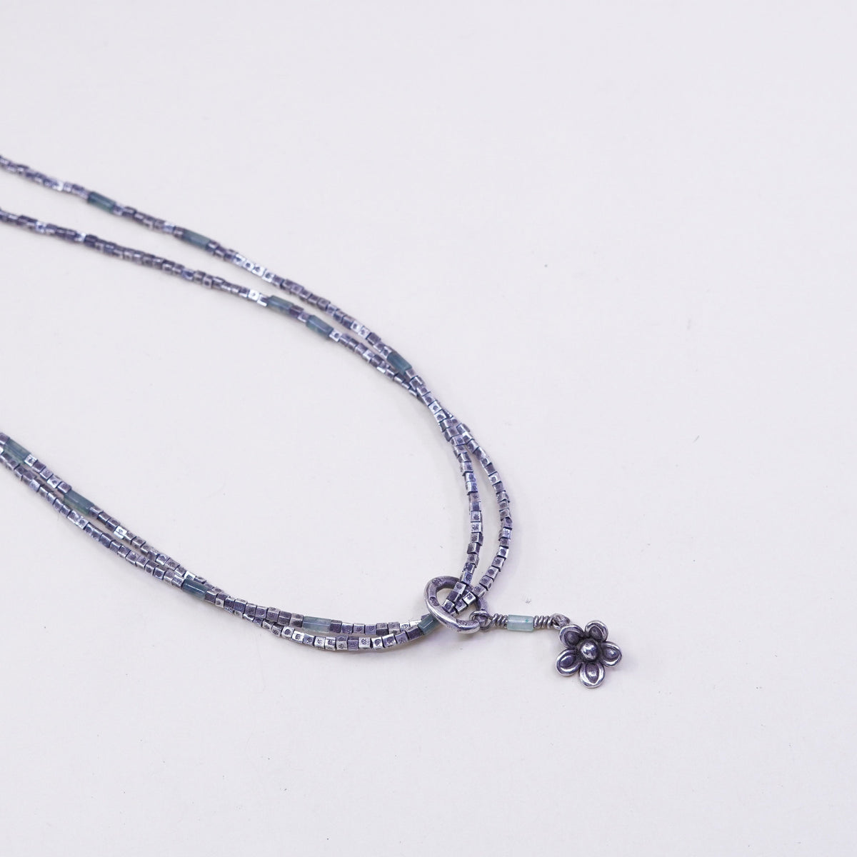 18”, Sterling silver double strands necklace 925 nugget chain w/ flower pendant