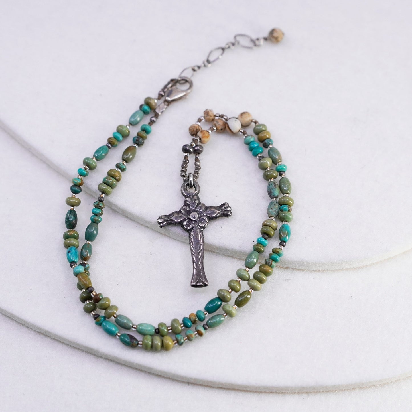 17+1”, Sterling 925 silver handmade necklace with turquoise and cross pendant