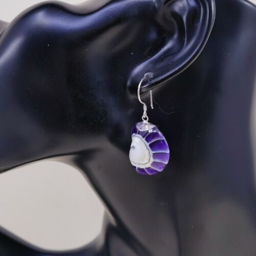 Vtg STERLING 925 SILVER Handmade Purple Shell EARRINGS Dangles, Stamped 925