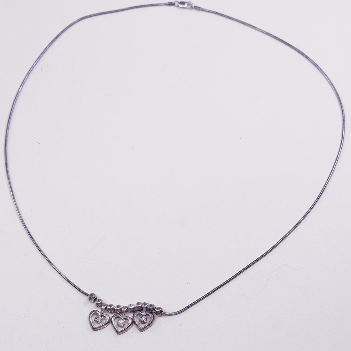 20", 1mm, vtg Sterling silver necklace, Italy 925 snake chain w/ heart pendant