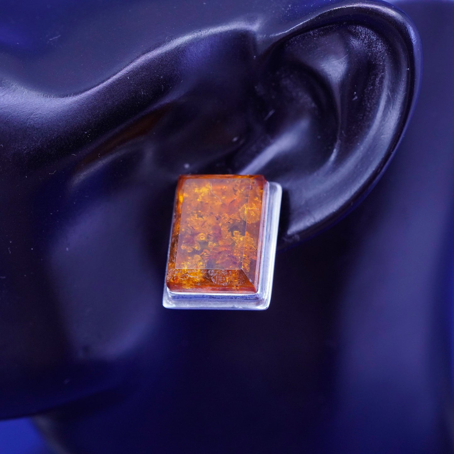 Vintage sterling silver handmade earrings, 925 square studs with amber