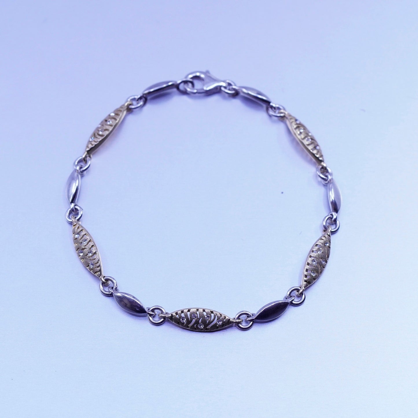 7.5”, 6mm, Vintage Italy two tone Sterling 925 silver tennis bracelet with cz