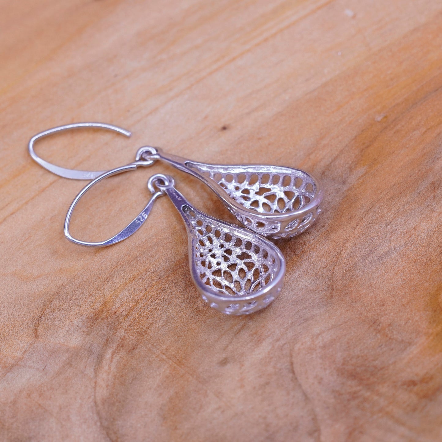Vintage Sterling silver handmade earrings, 925 Bali Filigree teardrops