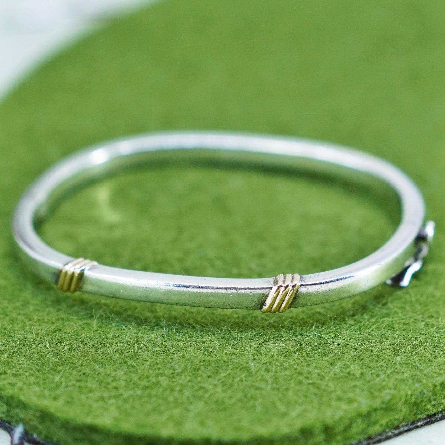 6.5”, Bayanihan deco 925 Sterling silver hinged bangle bracelet 18K gold accent