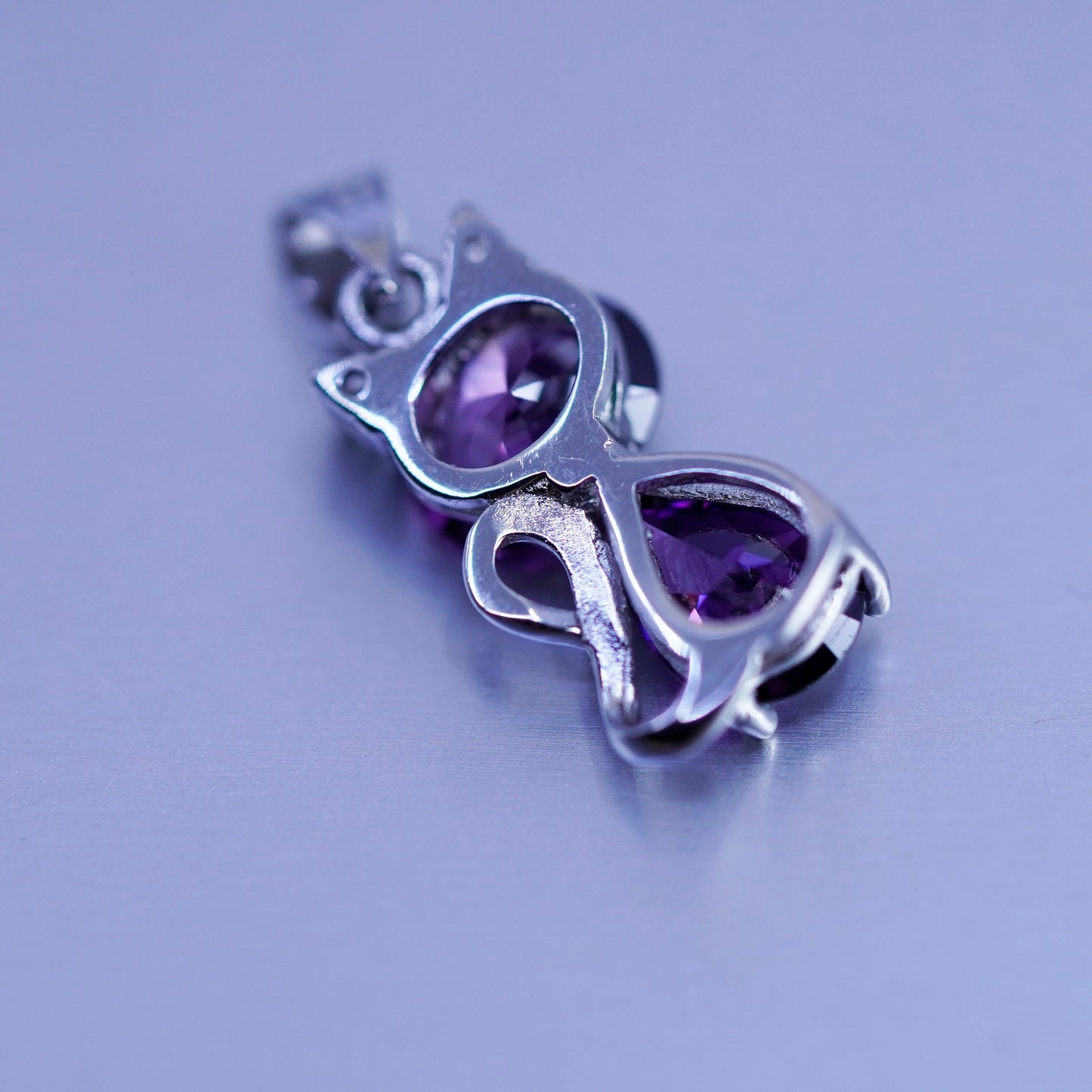 antique sterling 925 silver cat kitty pendant with amethyst and Cz