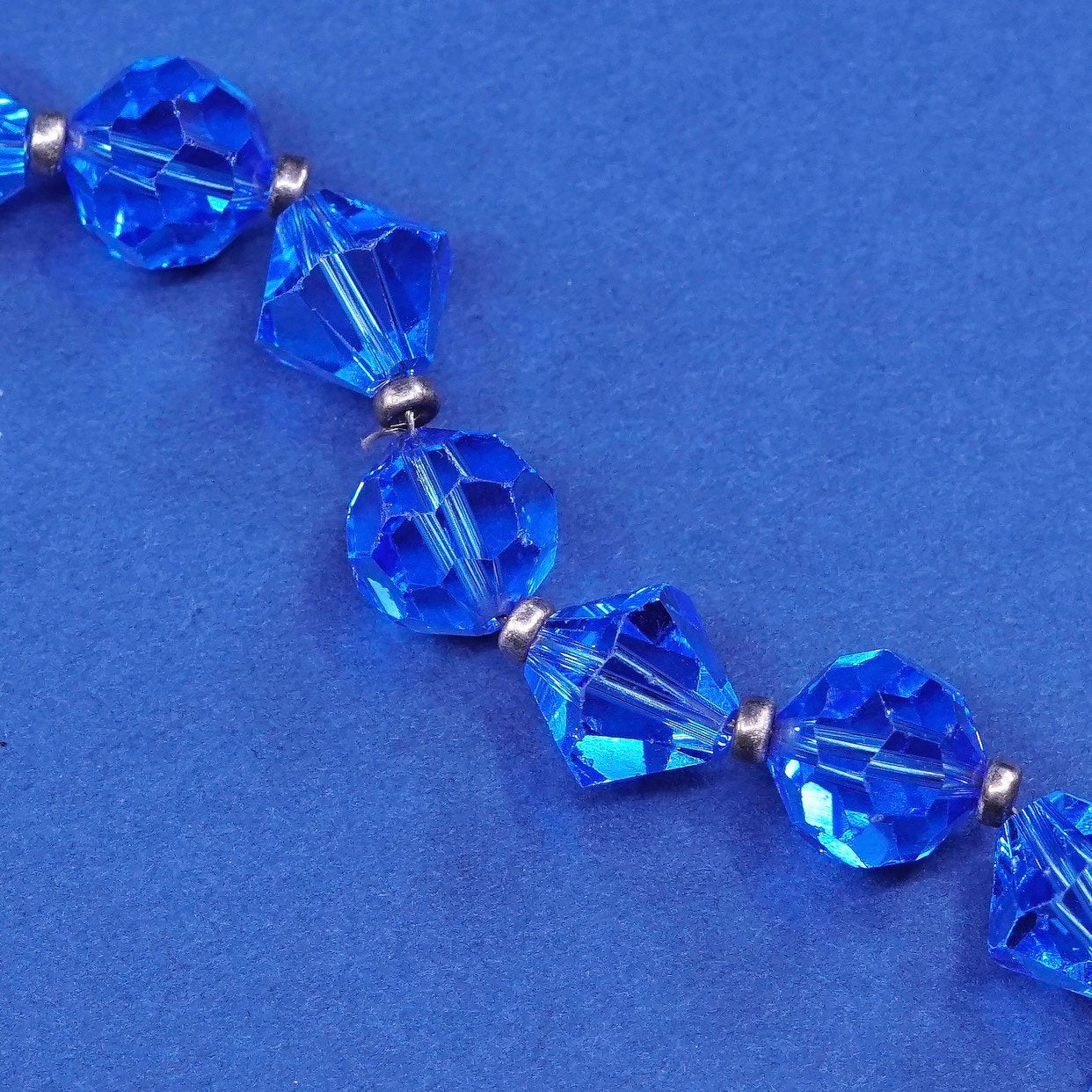 6”, vtg sterling silver handmade bracelet, 925 w/ blue crystal beads
