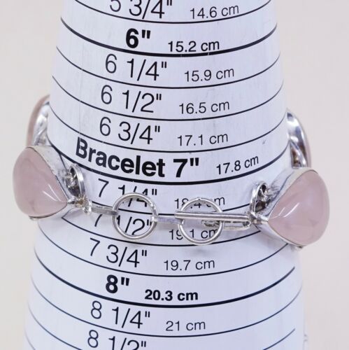 7+0.5”, Vtg Sterling Silver Handmade Bracelet W/ Huge Pink Quartz N Toggle Closu