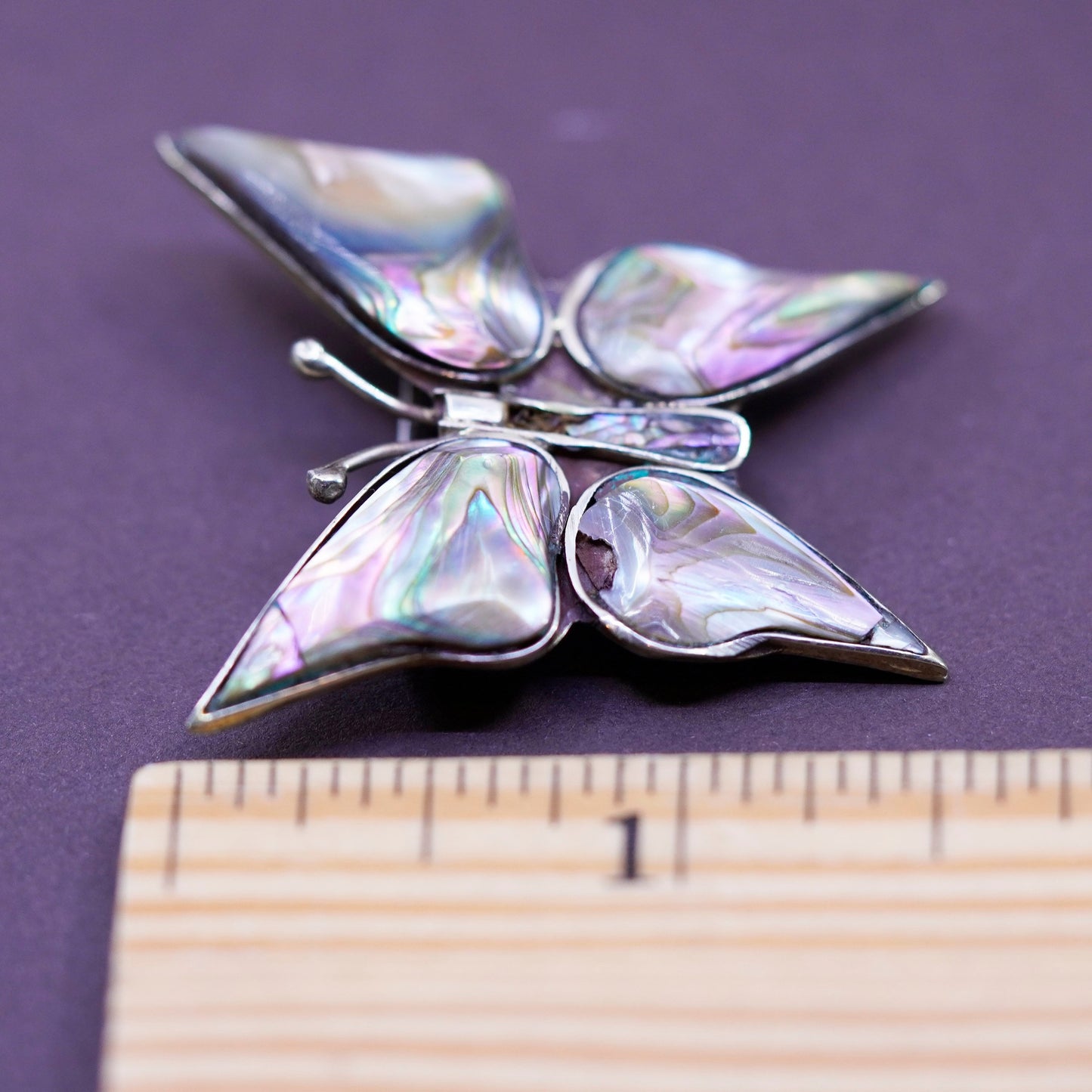 Vintage antique Mexico alpaca silver butterfly brooch with abalone inlay