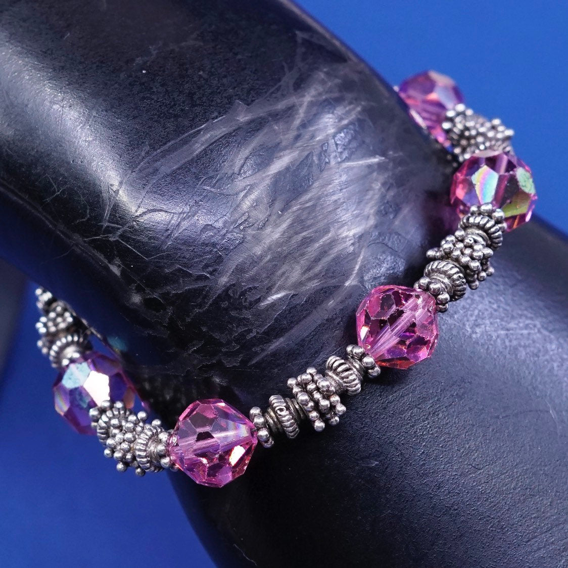 6.5”, vtg sterling silver handmade bracelet, 925 w/ pink crystal beads N toggle