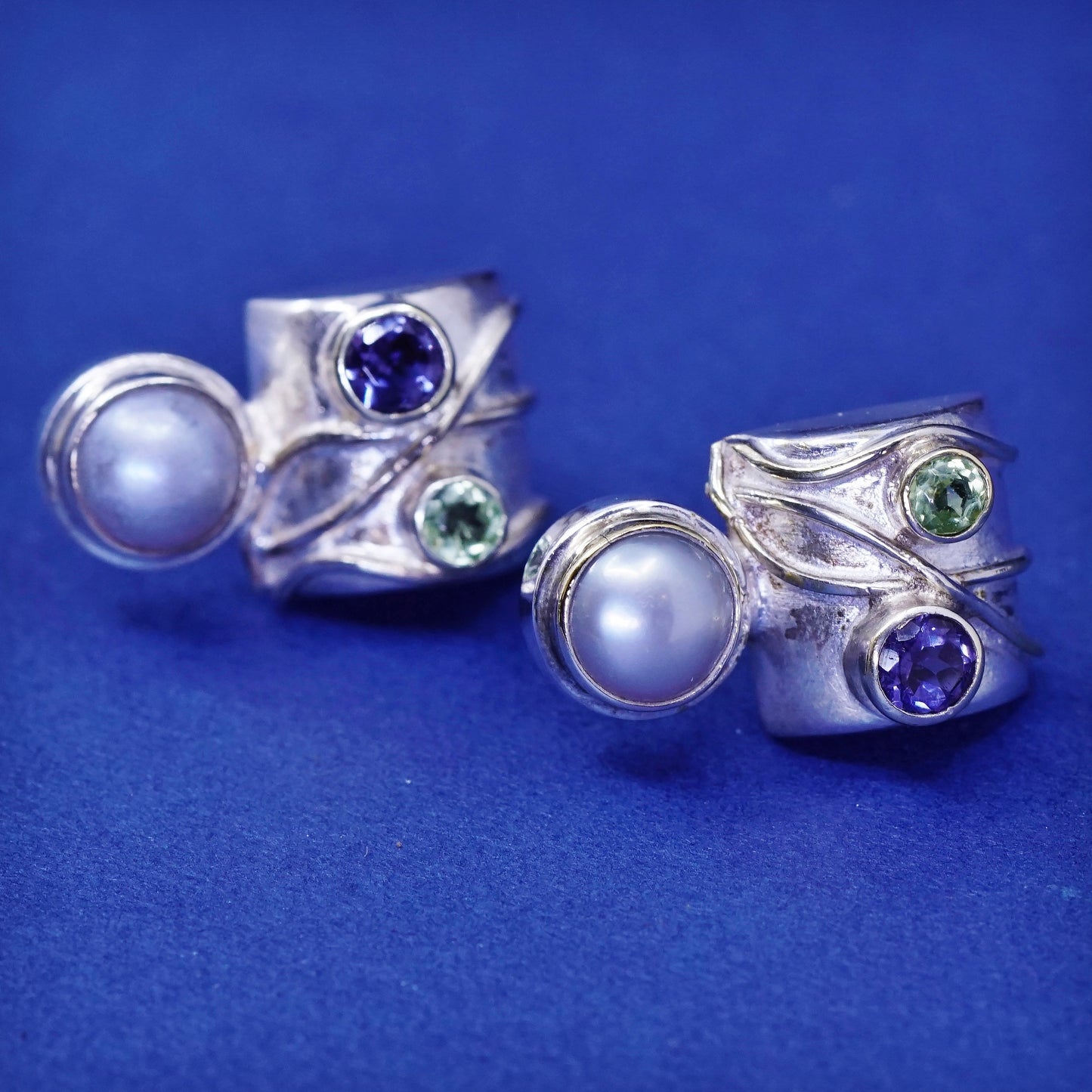 EP sterling silver handmade earrings, 925 studs with peridot amethyst and pearl