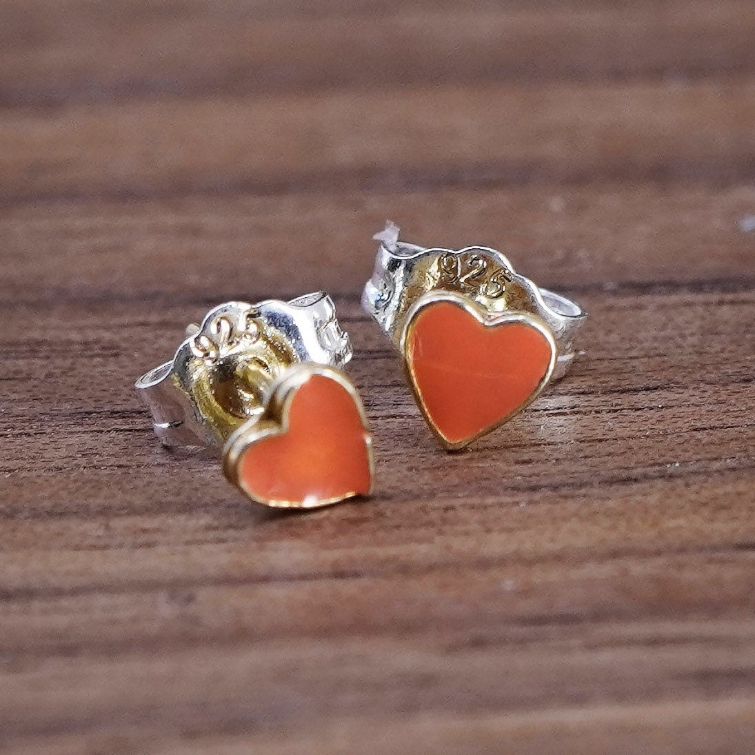 vintage vermeil gold over Sterling 925 silver enamel heart studs, earrings