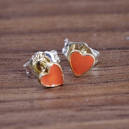 vintage vermeil gold over Sterling 925 silver enamel heart studs, earrings
