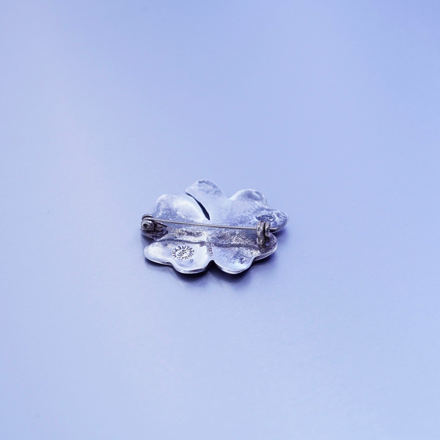 Taxco Sterling 925 silver handmade brooch lucky four leaf clover pin w/ abalone