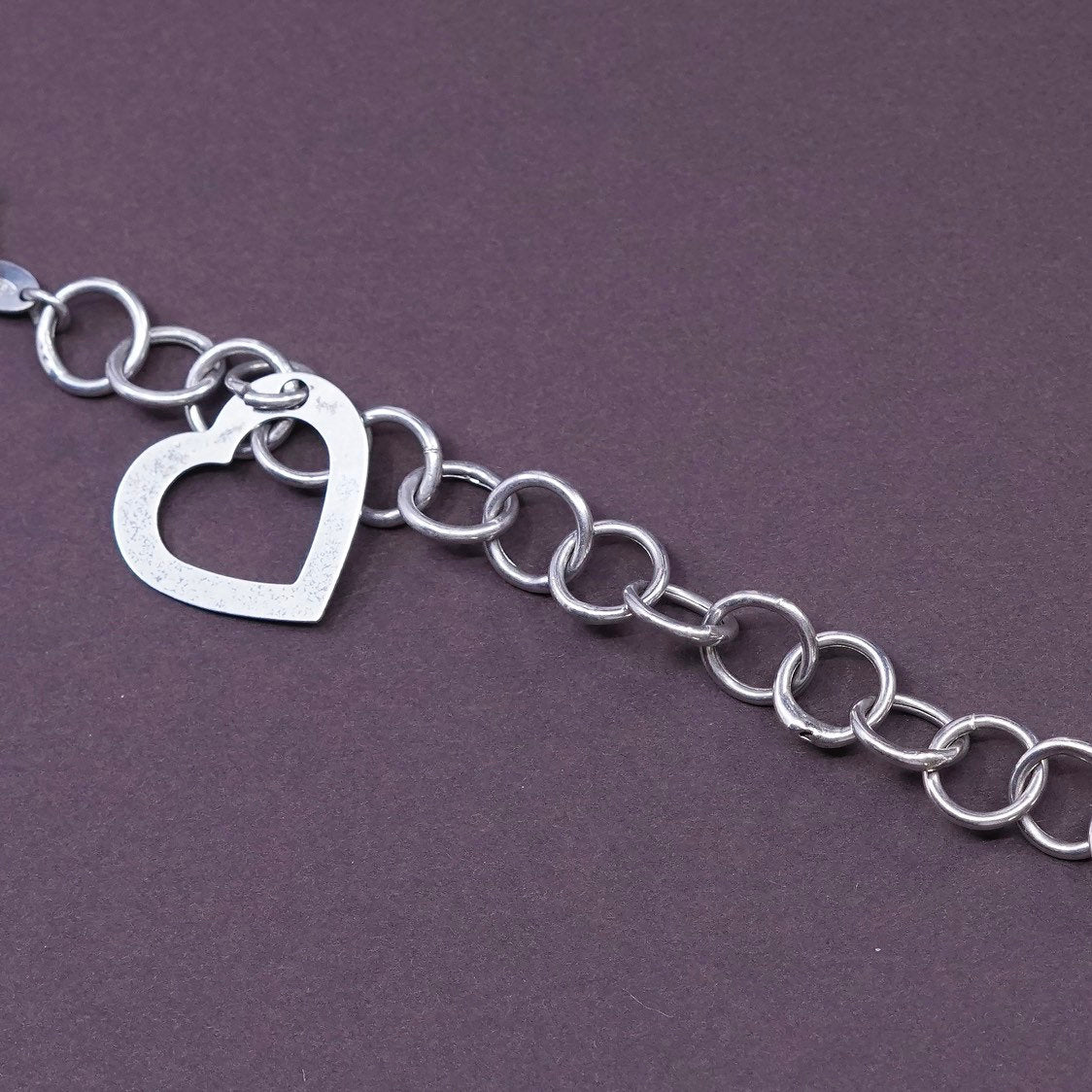 6.5”, Sterling silver handmade bracelet, 925 bold circle chain w/ heart charm