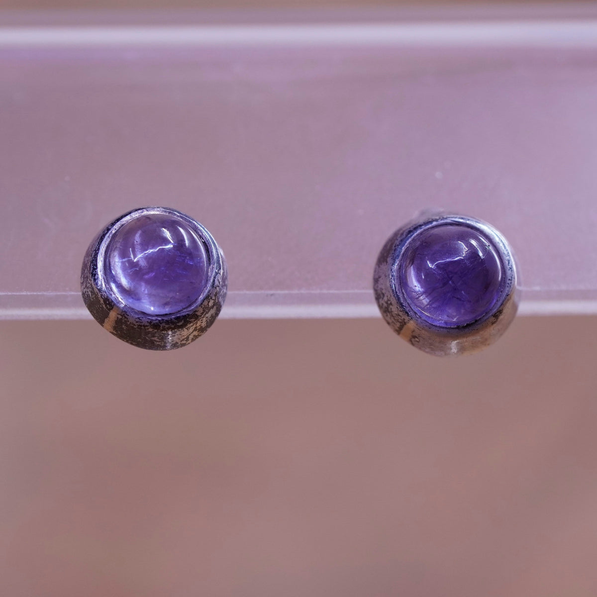 Vintage Sterling silver handmade earrings, 925 amethyst round studs