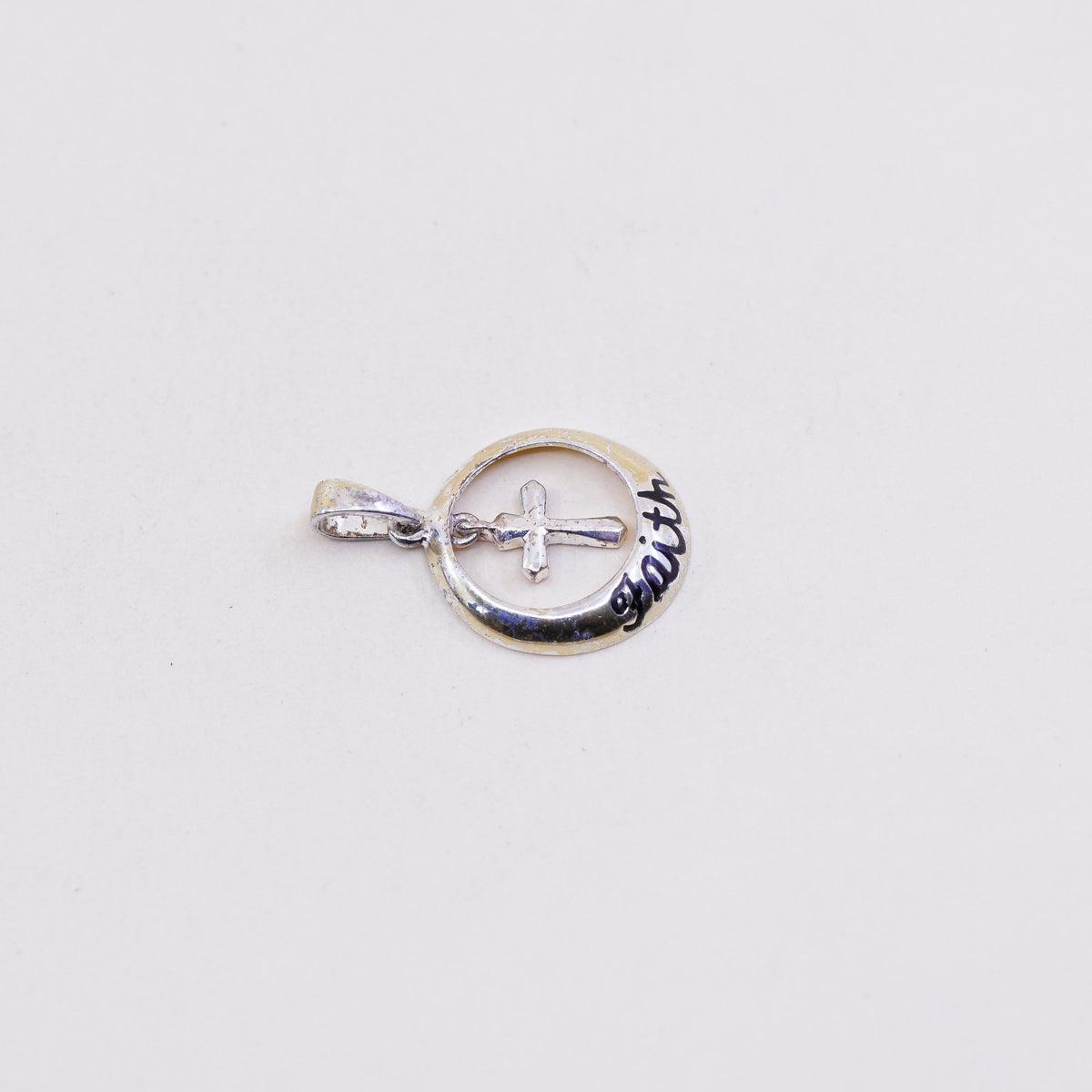 Vintage handmade Sterling silver pendant, 925 circle with cross and “faith”
