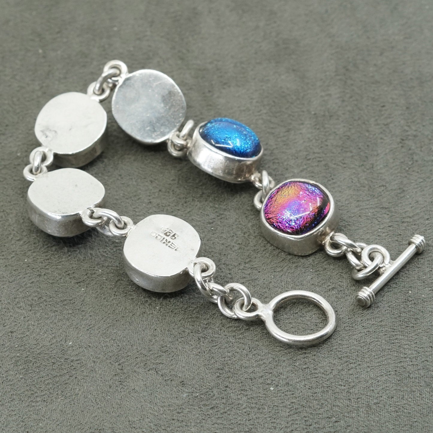 6.75", mexico Sterling 925 silver handmade bracelet w/ colorful foil glass bead