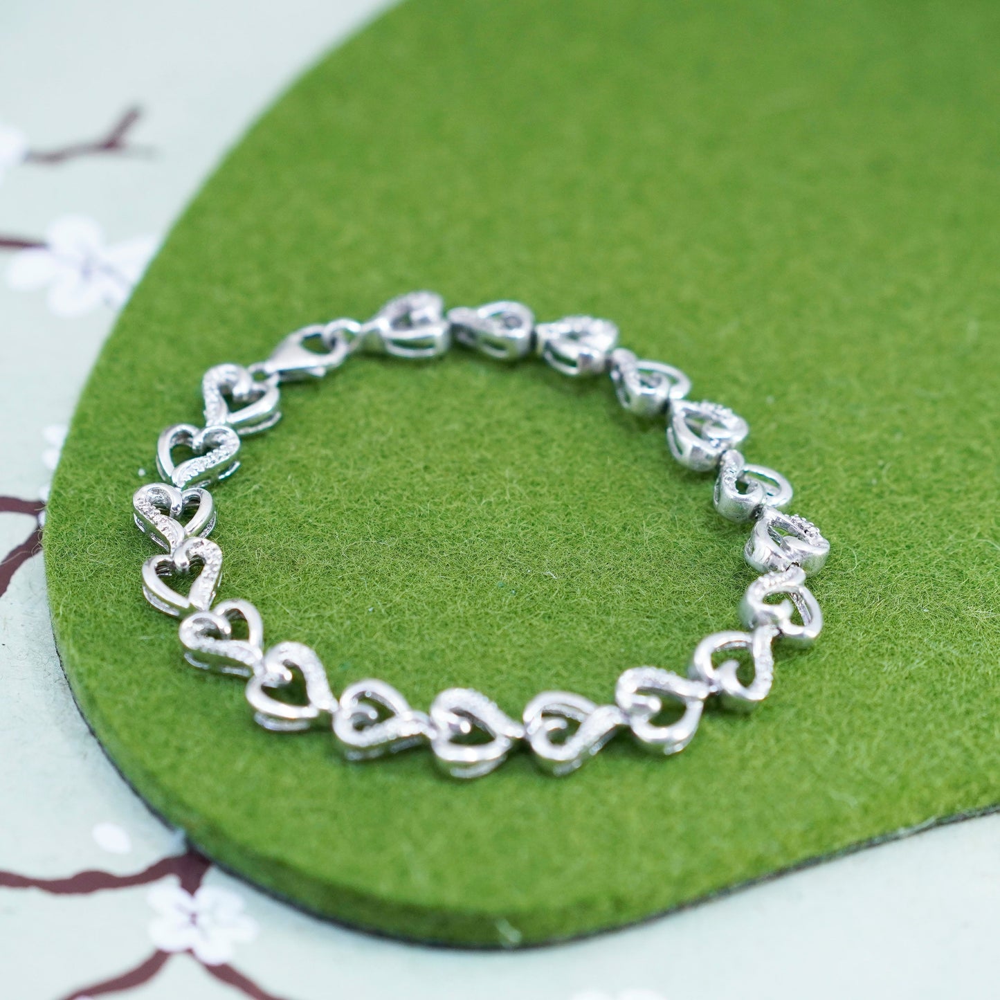 7.25”, Vintage sterling silver heart chain, 925 bracelet with diamond inlay