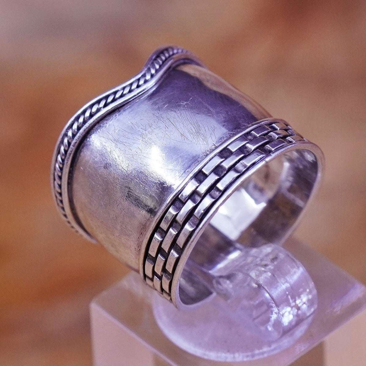 Size 6.5, vintage Sterling silver handmade ring, 925 wide band w/ textured edge