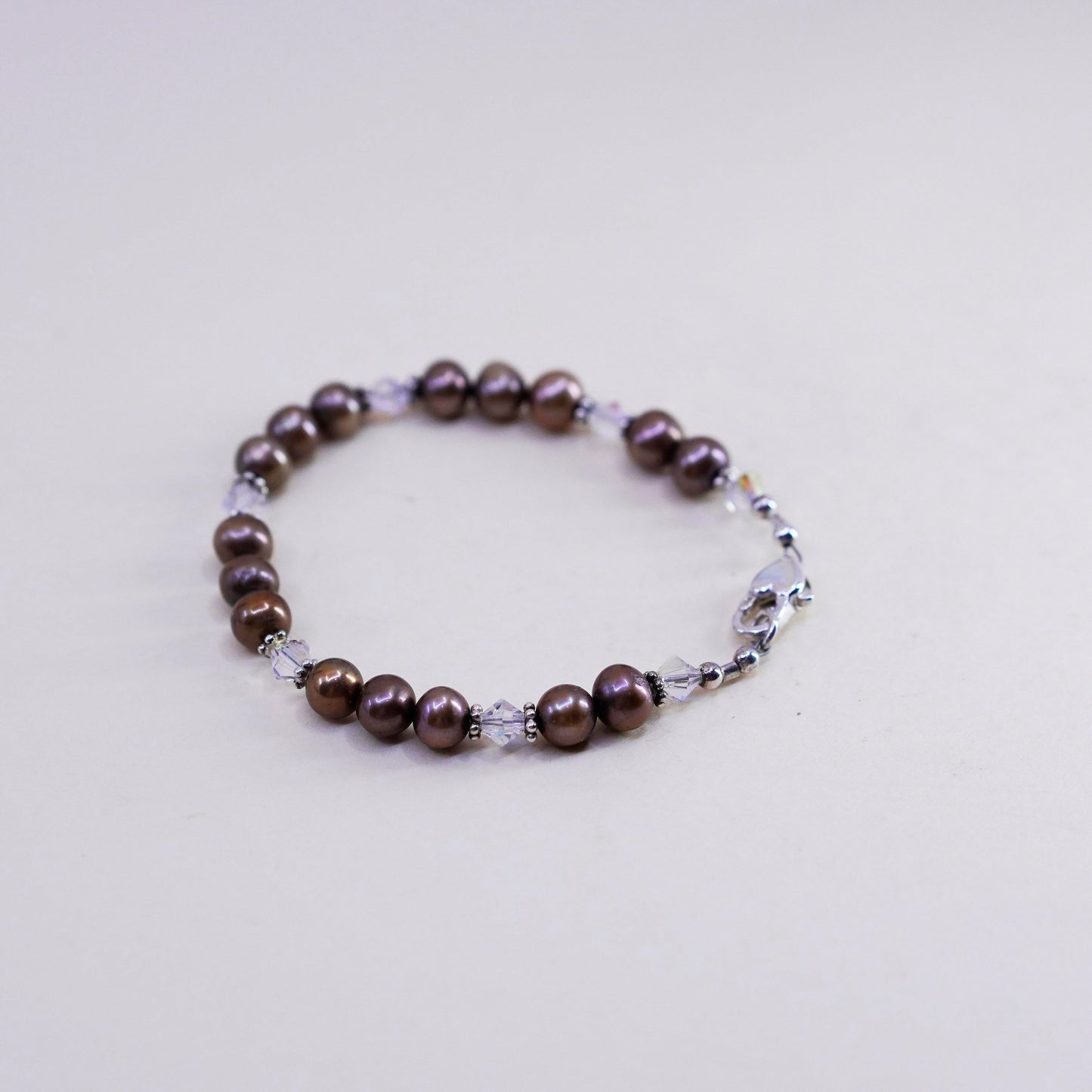 6.5”, Sterling 925 silver handmade bracelet, golden pearl with crystal beads