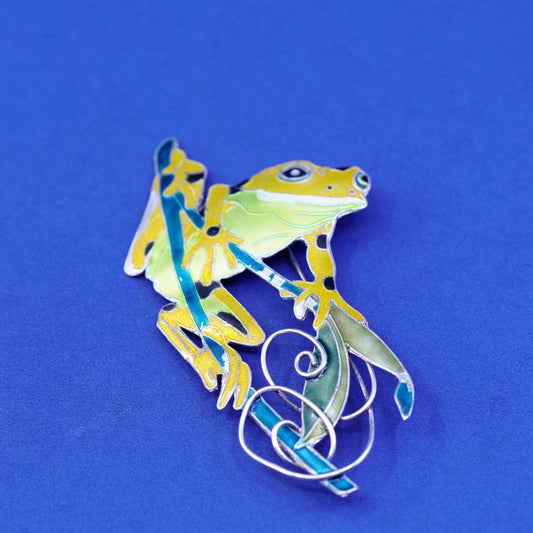 Vintage sterling 925 silver handmade frog brooch with colorful enamel