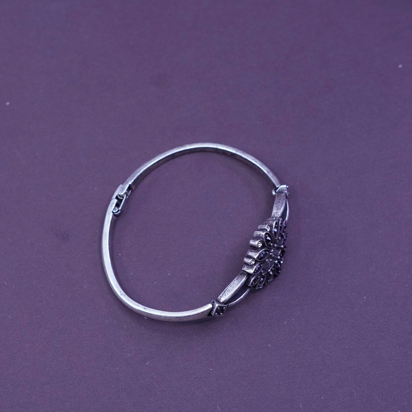 6.75”, sterling silver bracelet, 925 bangle w/ flower latch and Marcasite