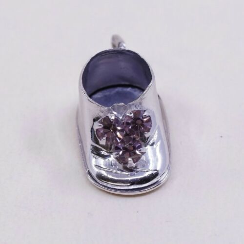 Vtg Beau Sterling Silver Handmade Pendant, 925 silver Shoe W/ Pink Heart Cz