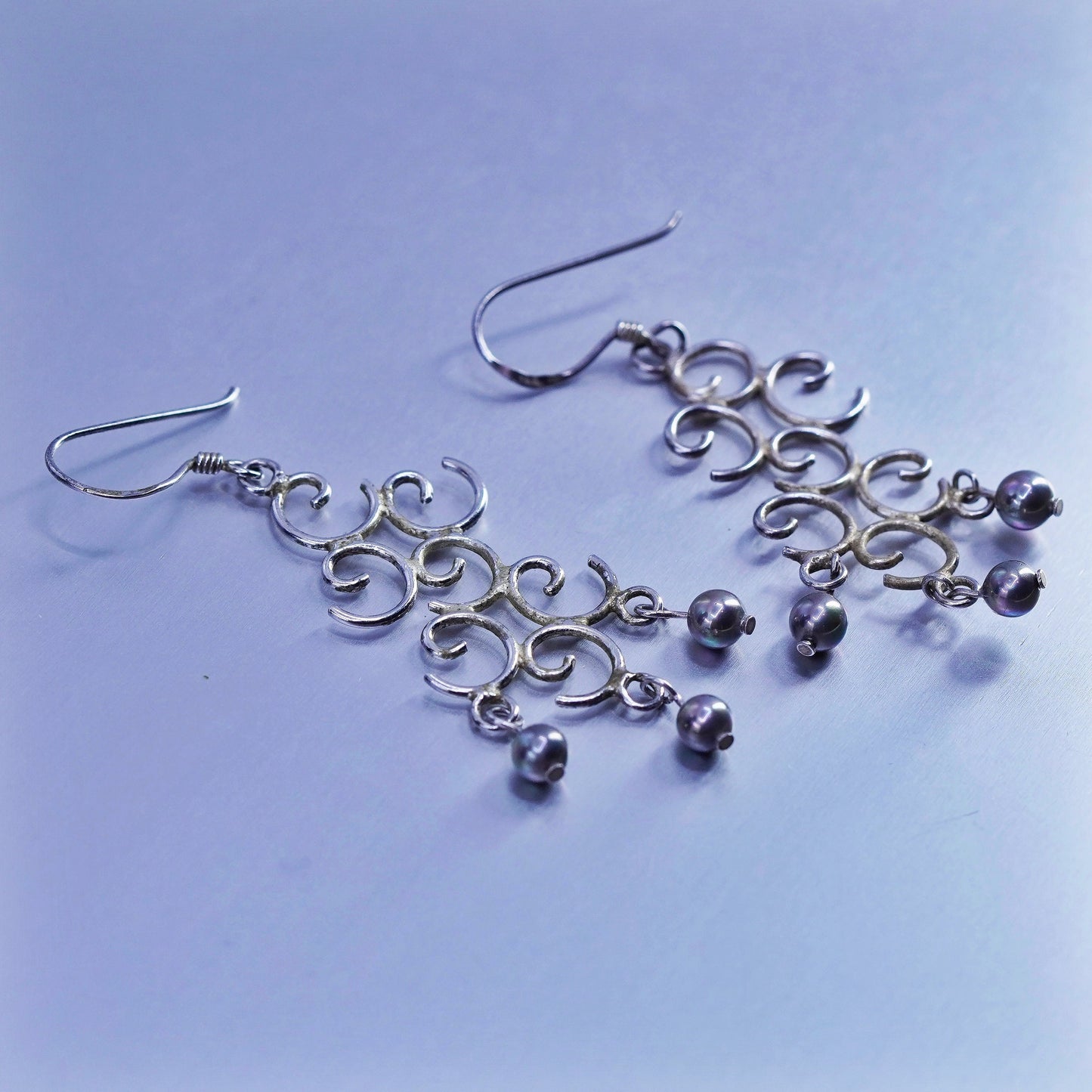 Vintage Sterling 925 silver handmade swirly earrings with beads