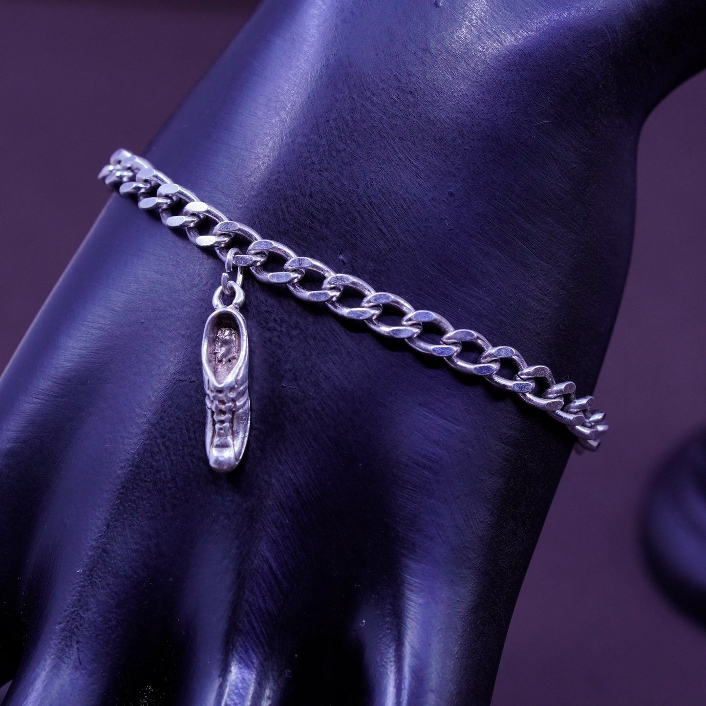 7”, vintage Sterling silver handmade double curb chain, 925 bracelet shoe charm