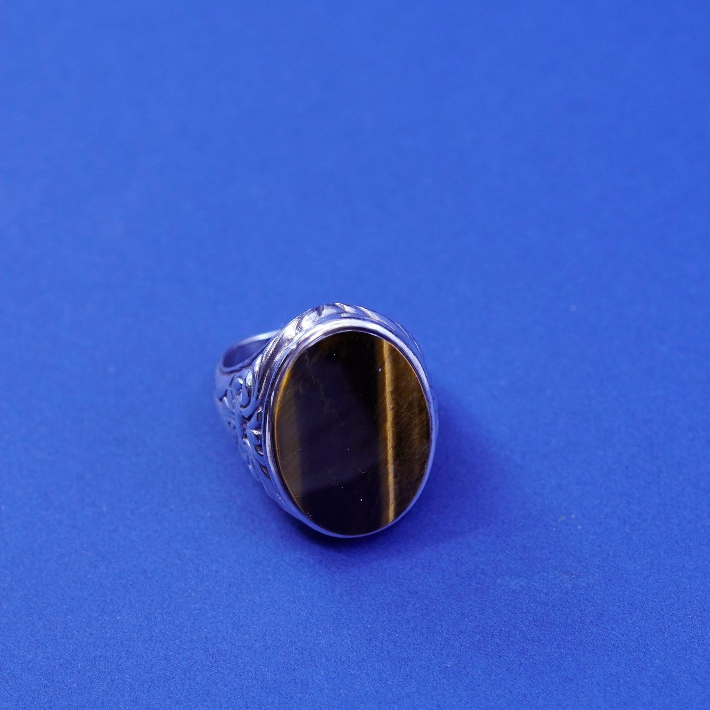 Size 9.25, Sterling 925 silver statement ring with golden tiger eye and relief
