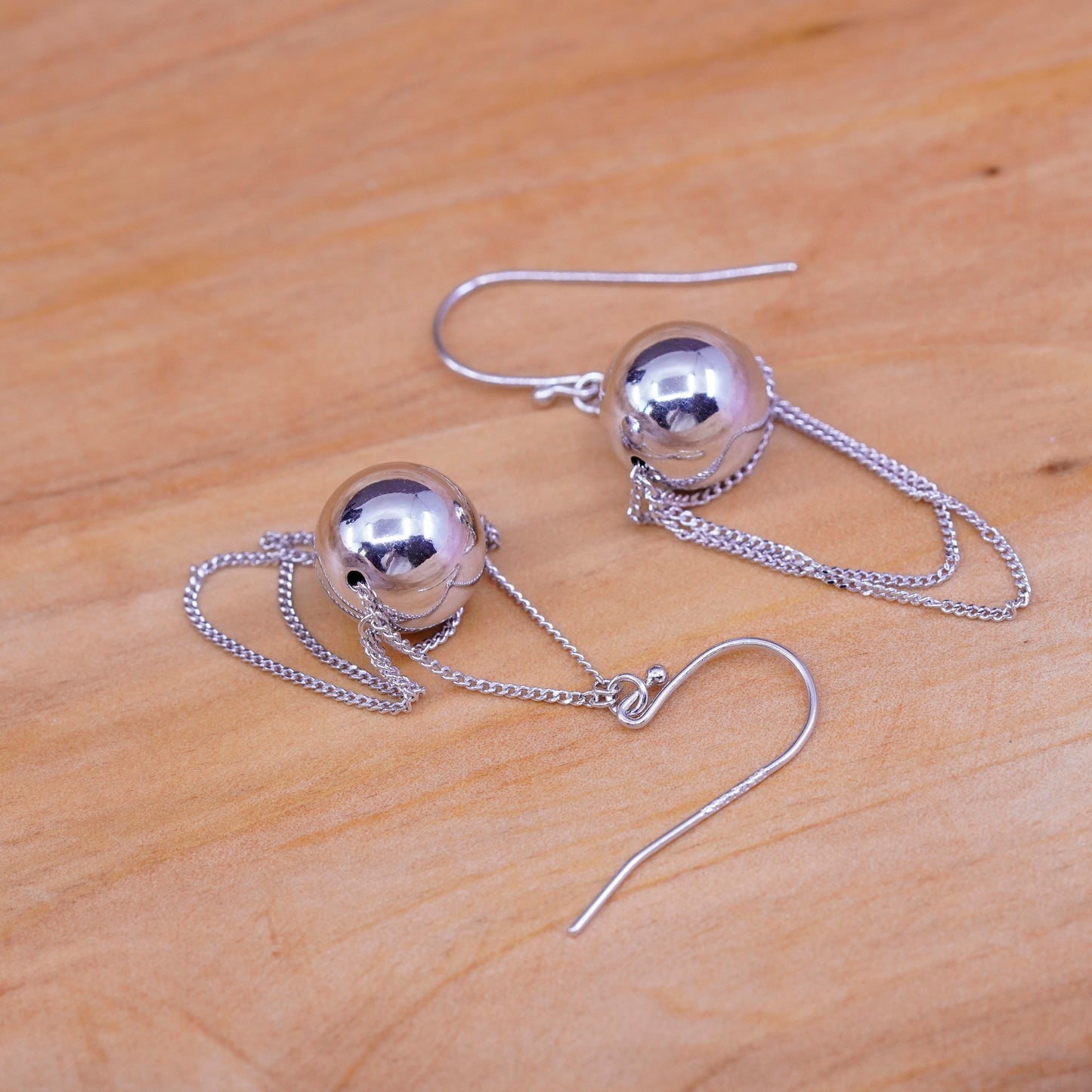 12mm, vtg PAJ Sterling silver handmade earrings, 925 beads drops with fringe