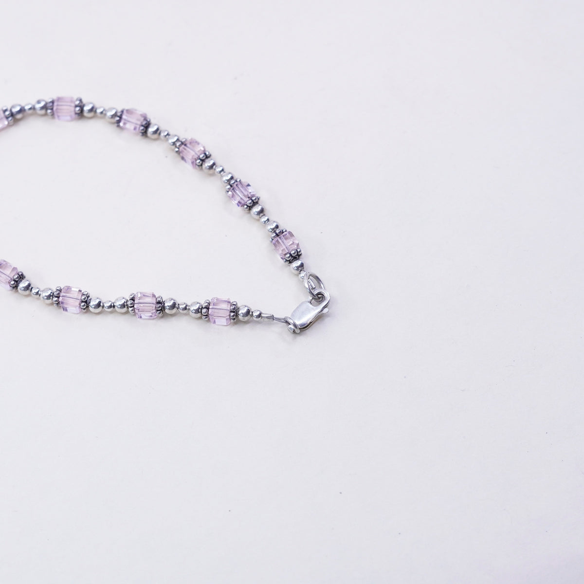 7.5”, Vintage Sterling 925 silver bracelet with pink crystals beads