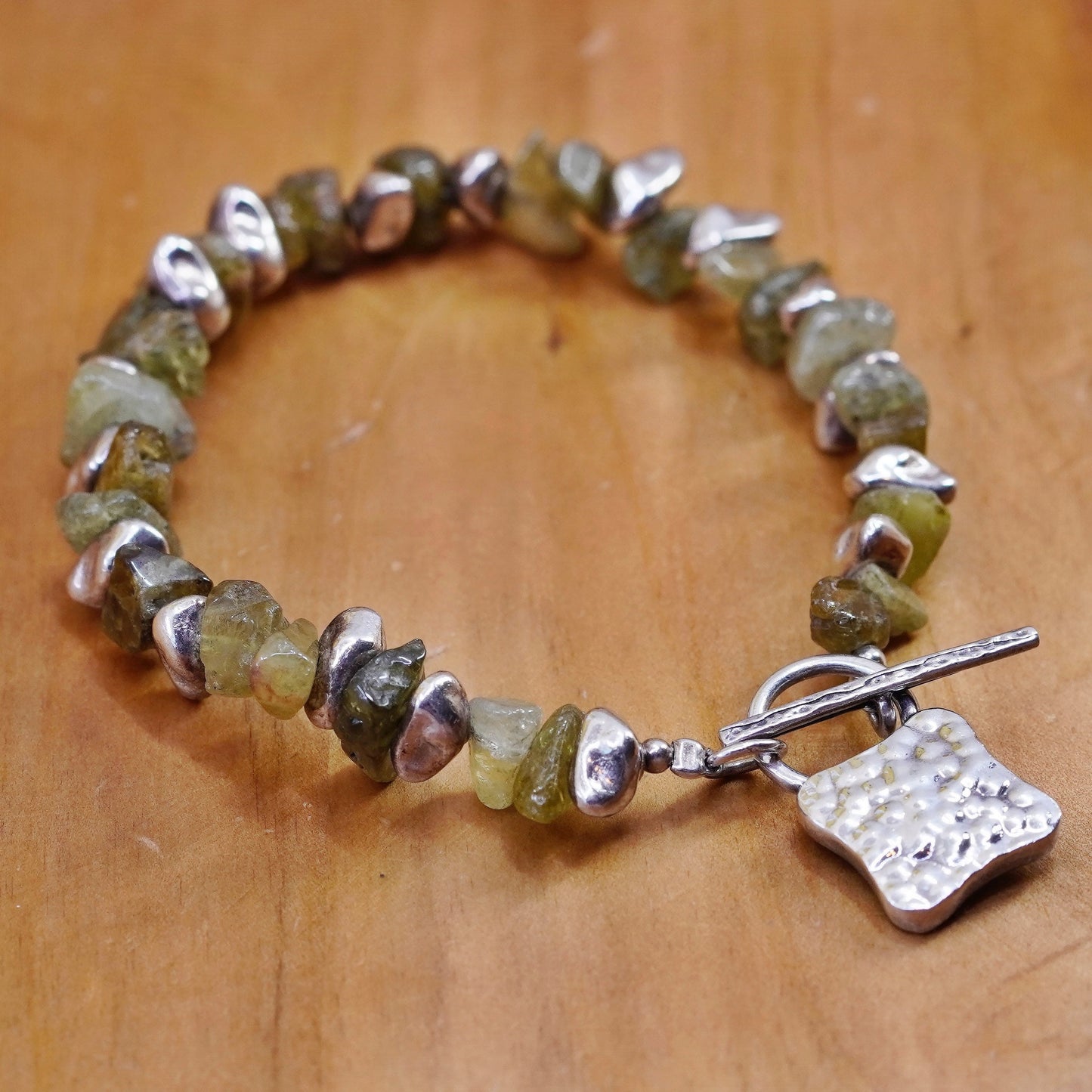6.75”, Sterling 925 silver handmade bracelet, irregular jade nuggets toggle