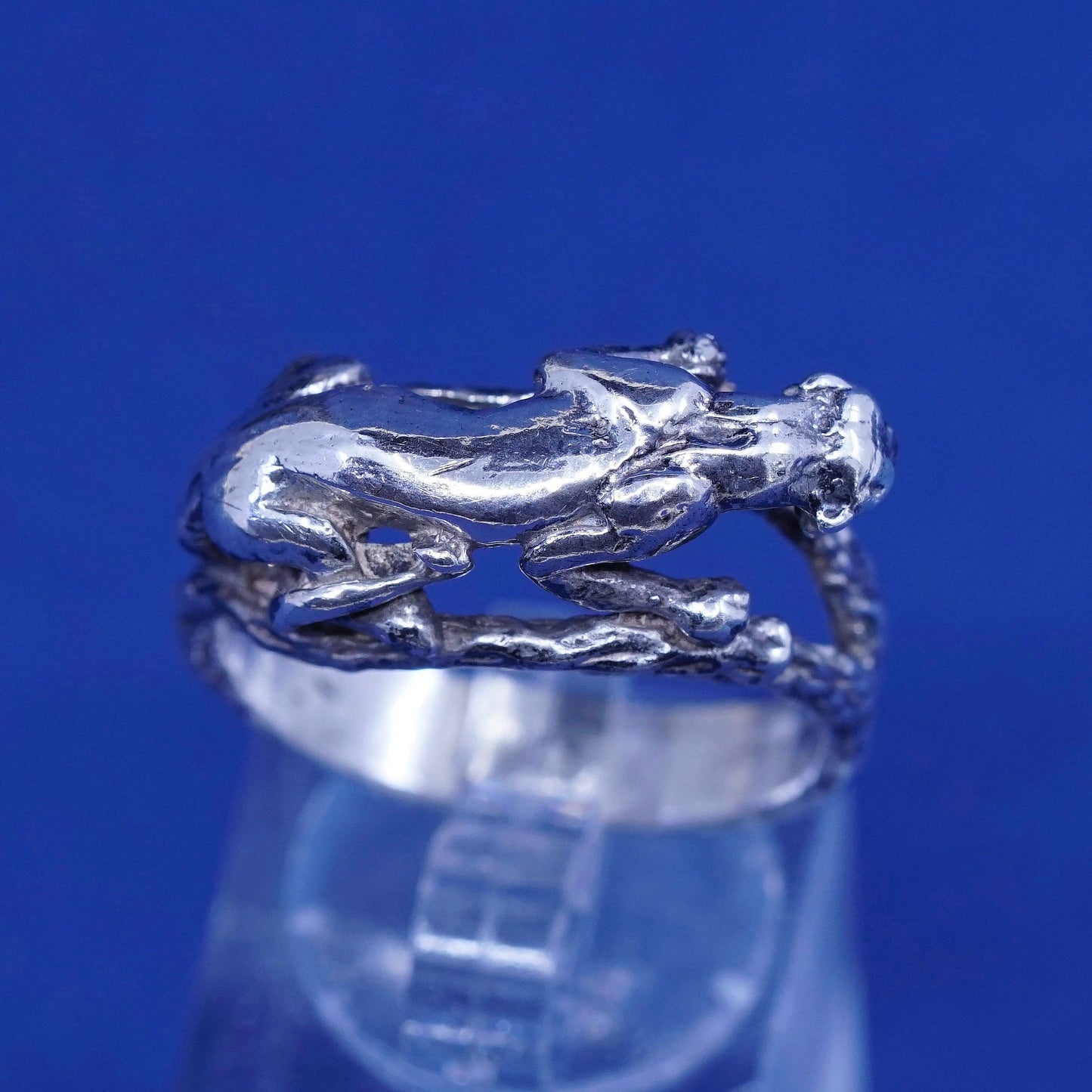 Size 9.75, vintage sterling silver handmade ring, 925 leopard figure band
