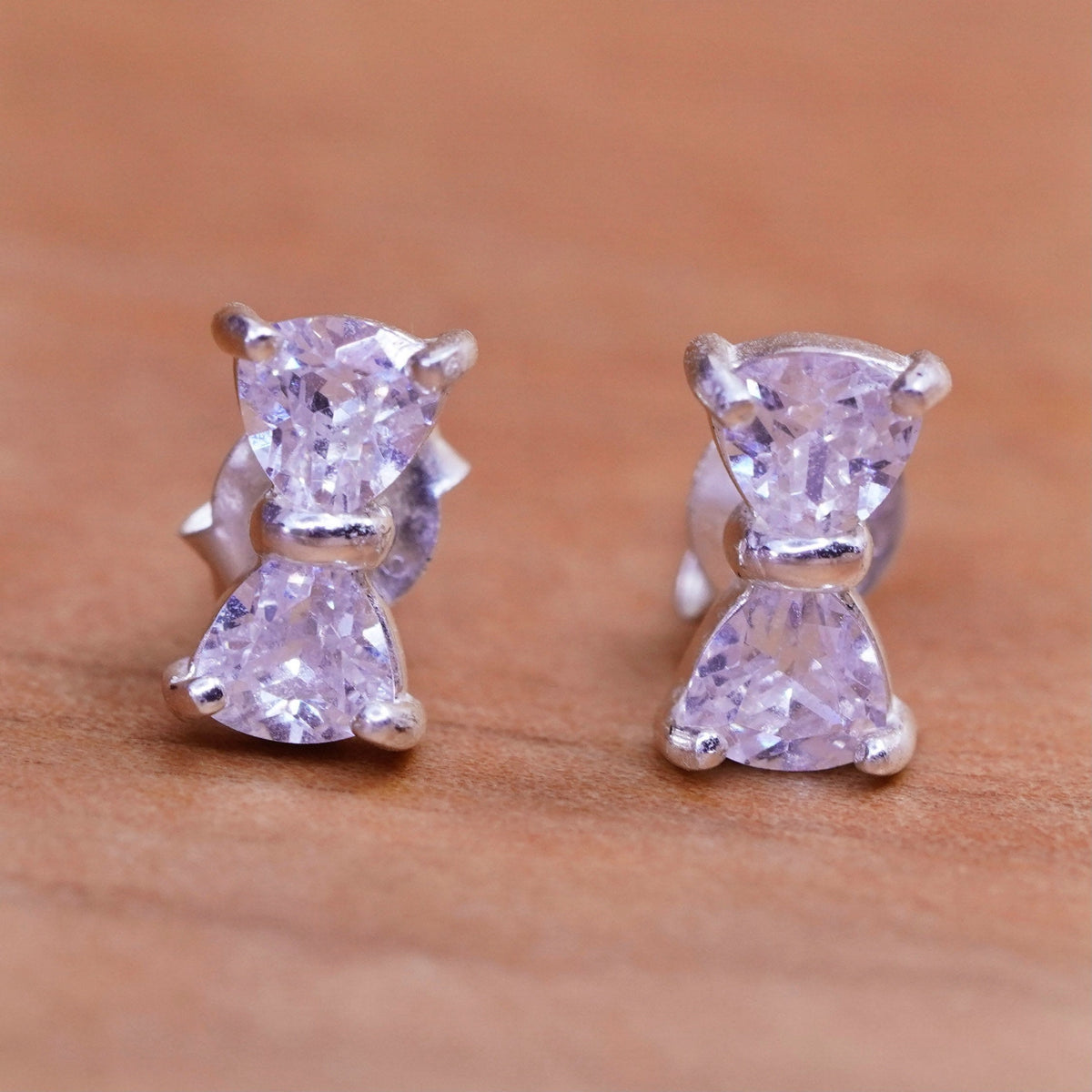 vintage Sterling 925 silver ribbon bow tie studs, cz earrings