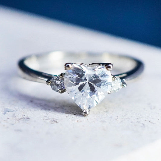 Size 6.25, Vintage Sterling 925 silver engagement ring, with heart Cz