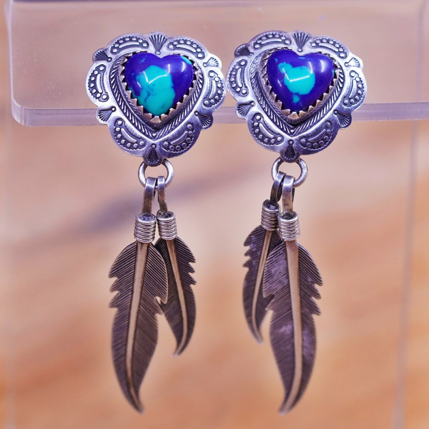 vtg Quoc Turquoise Q.T. Sterling Silver Handmade Earrings, 925 heart azurite