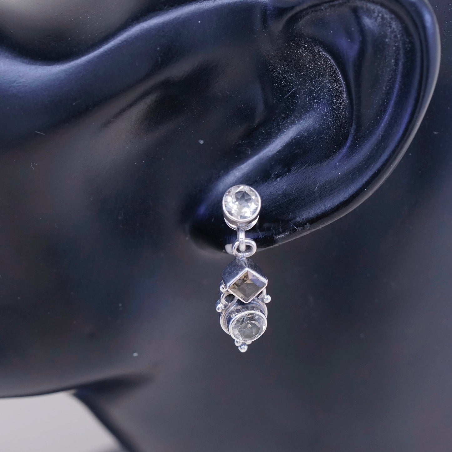 Vintage sterling silver handmade earrings, 925 with smoky topaz drops