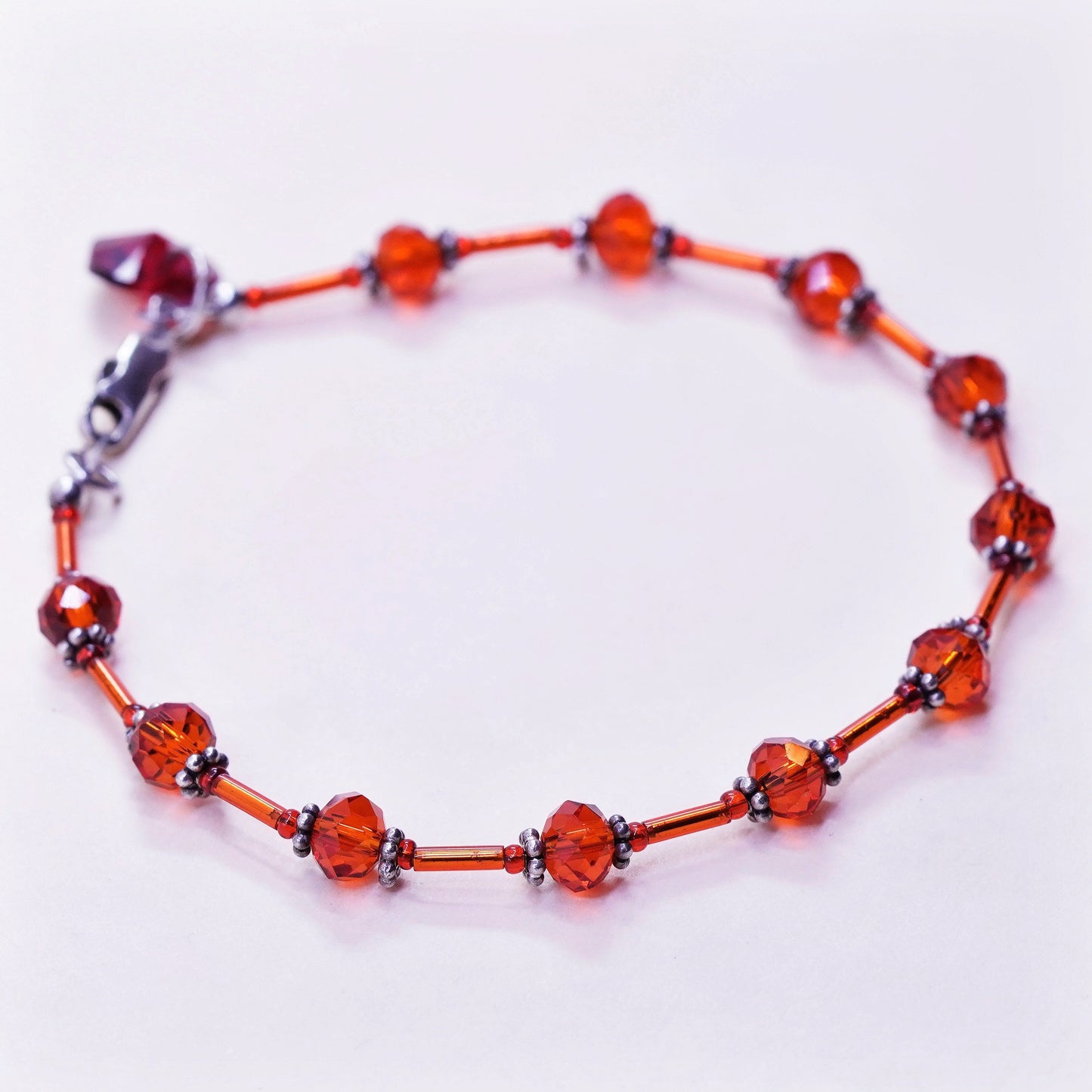 8”, vintage Sterling 925 silver handmade bracelet with red crystal beads