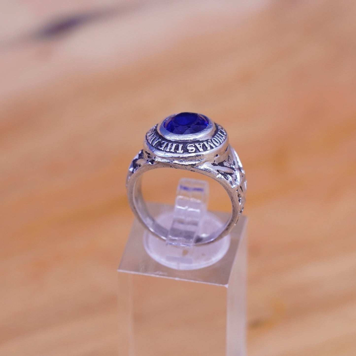 Size 7, vintage Sterling 925 silver handmade ring with sapphire and name Thomas