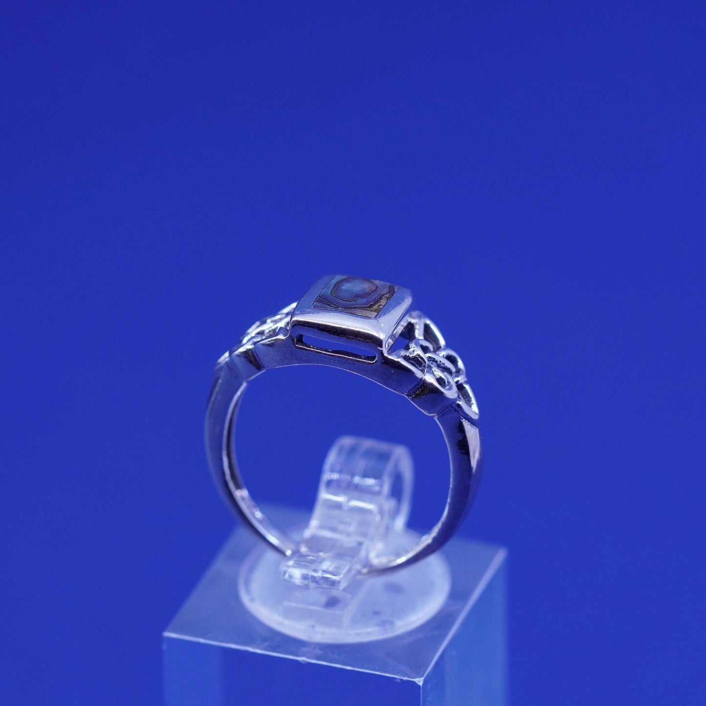 Size 6.75, vintage sterling 925 silver handmade filigree ring with abalone