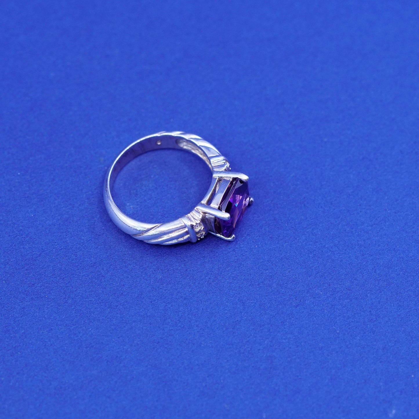 Size 6, vintage Sterling 925 silver engagement ring with amethyst and Cz