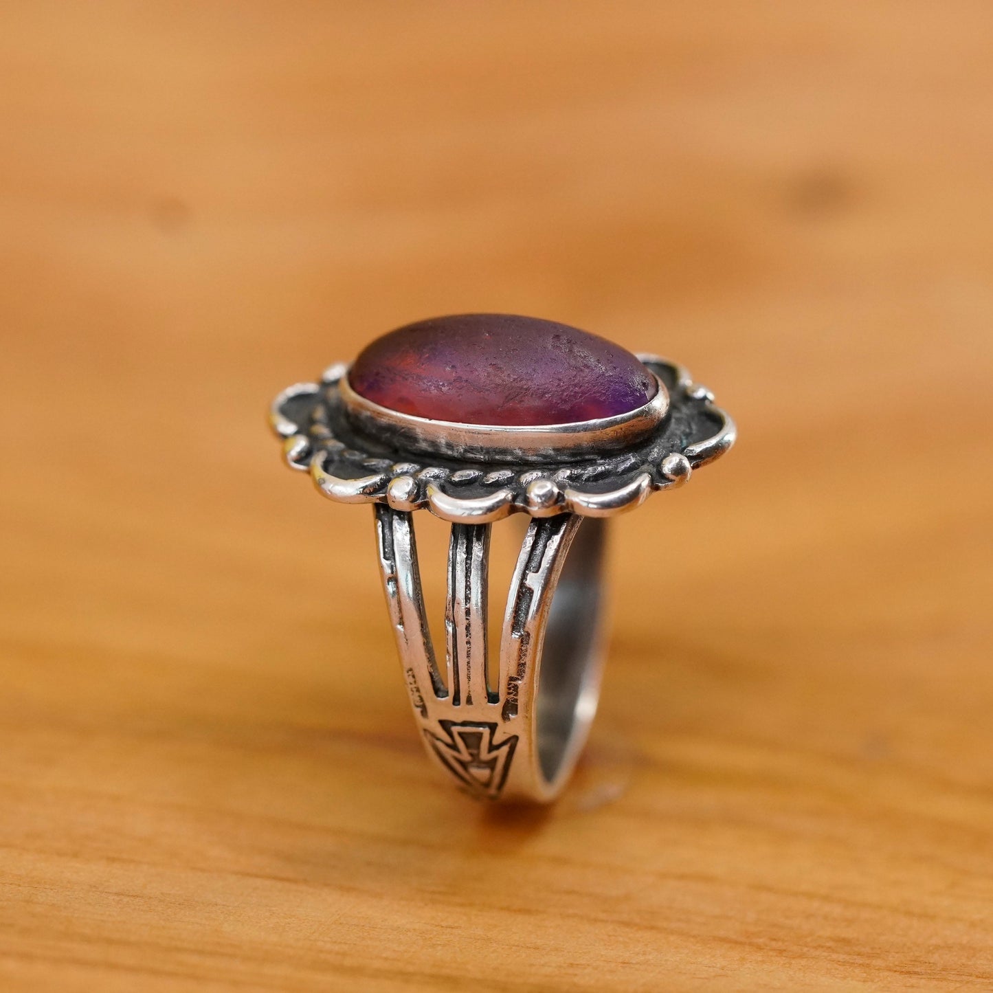 Size 5.5, Sterling 925 silver ring, Native American, Navajo dragon breath glass