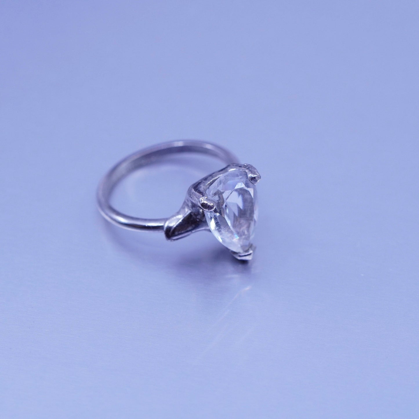 Size 7, vintage Sterling 925 silver engagement ring with teardrop Cz